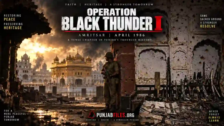ਧੂੰਏਂ ਭਰੇ ਅਸਮਾਨ ਹੇਠ ਸ੍ਰੀ ਦਰਬਾਰ ਸਾਹਿਬ ਅਤੇ ਨੁਕਸਾਨੀ ਕੰਧ ਕੋਲ ਖੜ੍ਹੇ ਜਵਾਨ ਵਾਲੀ ਆਪ੍ਰੇਸ਼ਨ ਬਲੈਕ ਥੰਡਰ-1 (ਅਪ੍ਰੈਲ 1986) ਦੀ ਚਿੱਤਰਕਾਰੀ ਤਸਵੀਰ