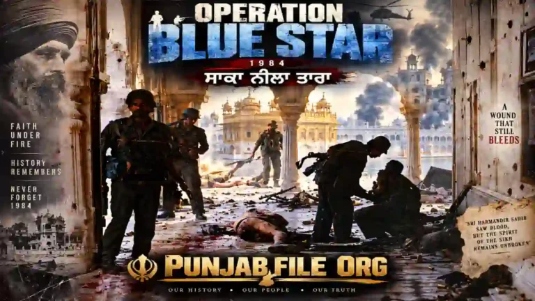ਜੂਨ 1984 ਦੇ ਸਾਕਾ ਨੀਲਾ ਤਾਰਾ ਨੂੰ ਦਰਸਾਉਂਦੀ ਤਸਵੀਰ: ਸ੍ਰੀ ਹਰਿਮੰਦਰ ਸਾਹਿਬ, ਉੱਠਦਾ ਧੂੰਆਂ ਅਤੇ ਗੋਲੀਆਂ ਦੇ ਨਿਸ਼ਾਨਾਂ ਵਾਲੀ ਕੰਧ